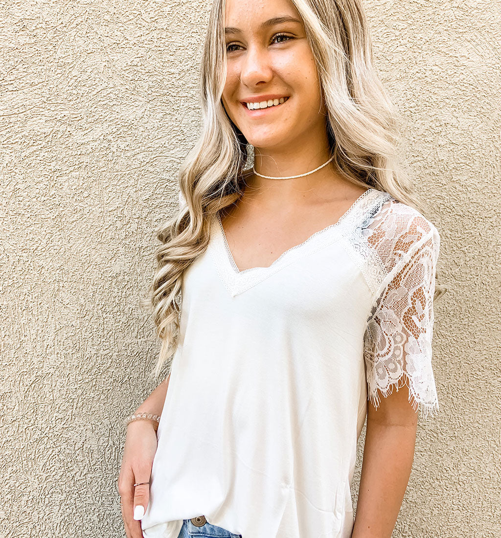 White Lace Sleeve Top
